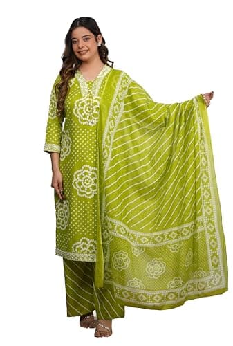 OUTFITARA FASHION AS UNIQUE AS YOU ARE Women's Bandhani Printed Embridered Kurta Set with Dupatta & Palazzo Pants, 3-Piece Ethnic Indian Outfit, Summer Dress (Green, Large)