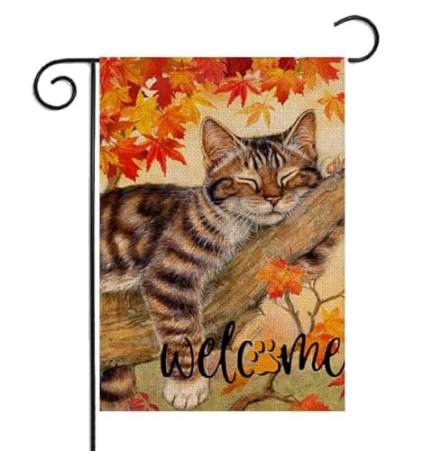 Fall Cat Garden Flag 12x18 in Vertical Double Sided Welcome Autumn Leaves Thanksgiving Decor Harvest Holiday Outside Decorations Burlap Yard Flag