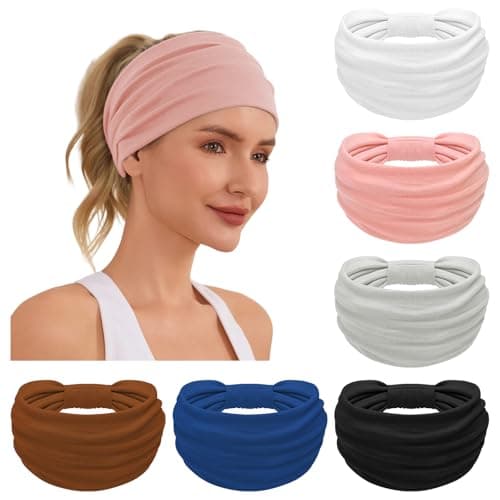 6 Pack Wide Headbands for Women, Non Slip Elastic Boho Turban Hair Bands, Stretchy Sweat Headbands for Workout, Running & Daily Black/Grey/White/Blue/Pink/Brown