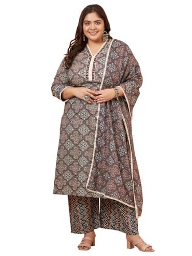 Tissu Women's Plus Size Printed Pure Cotton Kurta Palazzo Set with Dupatta (T-Plus-722_3XL_Multi)