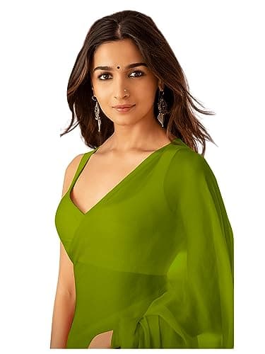 Sidhidata Women's Plain Pure Georgette Saree With Unstitched Blouse Piece (Rocky Aur Rani Ki Prem Kahani Alia Bhatt Saree) (Mehendi)