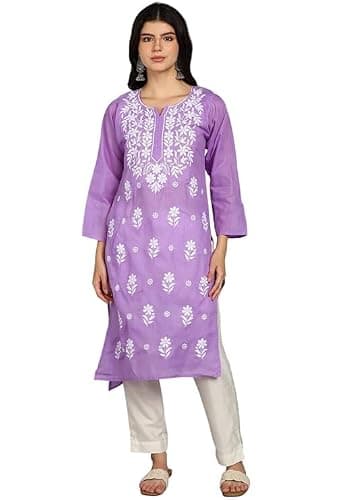 Women's Cotton Embroidered Lucknowi Chikankari Kurti | Casual Office Wear | Full Sleeves | Round Neck (Levender, Xx-large)
