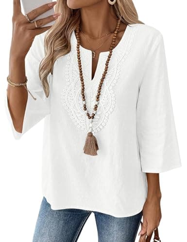 LOMON 3/4 Sleeve Cotton Tops for Women Ladies Tops and Blouses V Neck Shirts for Women Beach Vacation Clothes(White,XL)