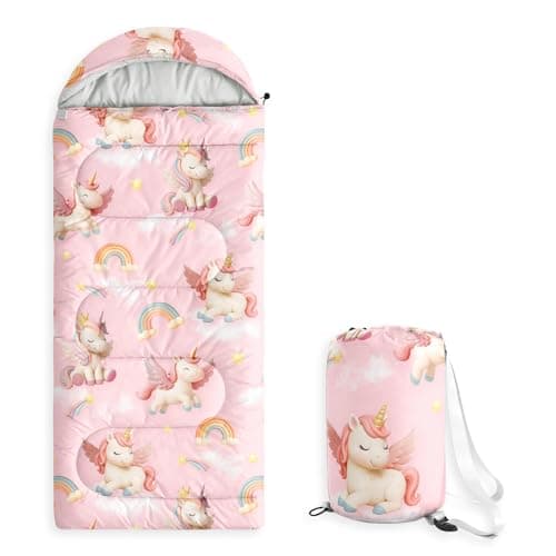 Wake In Cloud - Kids Sleeping Bag for Girls Toddlers, Camping in Warm Cold Weather, Backpacking Lightweight Compact Outdoor Liner for 3 Seasons, 3D Winged Unicorns, Pink