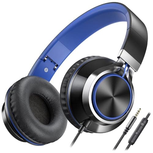 AILIHEN C8 Kids Wired Headphones with Microphone for School, On Ear Headsets with Volume Control Foldable, 3.5mm Jack Computer Chromebook for Children Teens Classroom Online Learning (Black Blue)