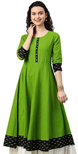 Yash Gallery Women's Cotton Slub Printed Anarkali Kurta (Green)