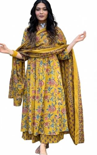 ISHKRATI Women's Rayon Blend Anarkali Printed Kurta with Palazzo & Dupatta (US, Alpha, Medium, Regular, Regular, Yellow)
