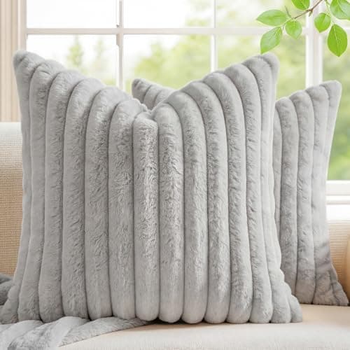 MEGAYES Pack of 2 Throw Pillow Covers 18x18 Decorative Solid Plush Faux Fur with Soft Velvet Back, Square Striped Cushion Cases Modern Farmhouse Home Decor for Living Room Couch Sofa Bed Neutral Gray