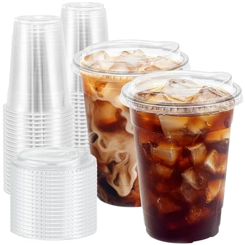 BYSNOW 100 Pack 16 oz Clear Plastic Cups with Sip Lids, Iced Coffee Cups