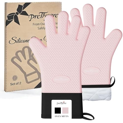 PrettyCare Silicone Oven Mitts, Waterproof & Non-Slip Oven Gloves with Fingers,Cotton Lined Silicone Oven Gloves Kitchen Mitts-Heat Resistant for Baking Cooking BBQ,Women（Pink