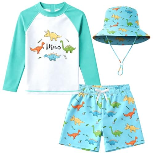 Baby Boys Toddler Long Sleeve Rashguard and Swim Trunks, 3 Piece Swimsuit with Sun Hat Bathing Suit Swimwear for Beach Pool