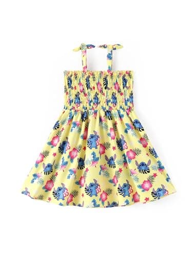 Disney Lilo & Stitch Toddler Girl Dress Tropical Yellow Floral Print Bow Tie Straps Smocked Sundress Birthday Park Hawaiian Summer Outfit Clothes 2T