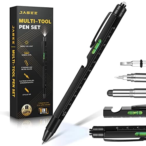 Fathers Day Mens Gifts for Husband Dad Boyfriend from Daughter Wife Son, Gift for Men Him, 9 in 1 Multitool Pen, Cool Gadgets Tool Pen with Led Light, Stylus, Screwdriver, Opener, Ruler, Level-Black