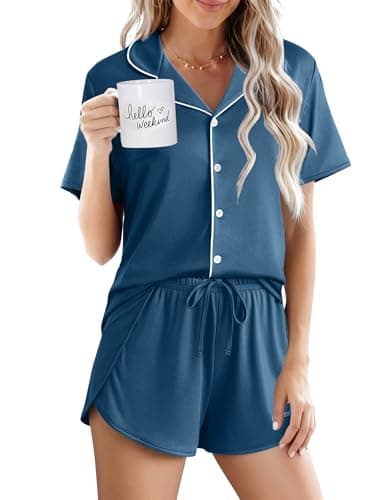 Ekouaer Pajamas for Women Set Button Up Sleepwear 2 Piece Pjs Lounge Set Short Sleeve Nightwear Dark Blue L