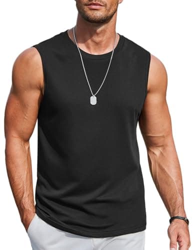 COOFANDY Men's Cotton Tank Top Muscle Cut Off T Shirts Plain Sleeveless Workout Shirt Black L