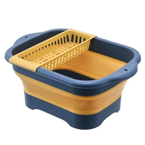 Alltiett 2.98 Gallon (11.28L) Collapsible Dish Basin with Drain Plug, Outdoor Multiuse Foldable Sink Tub, Dishpan, Wash Basin, Portable Kitchen Storage Tray for Camping, RV, Beverage Bucket (Yellow)