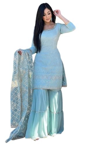 Indya Sky Blue Embroidered Chinon Sharara Set for Festive | 3/4 Sleeve | Crew Neck | Indian Ethnic Wear