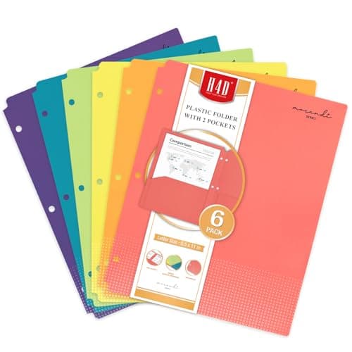 H4D Plastic Folders with 2 Pockets, Fit for 3 Ring Binder, Letter Size, Primary Colors, 6 Pack