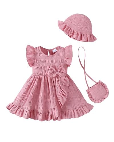 SODLON Toddler Girl Dress 12-18 Months Infant Baby Girl Summer Clothes Outfits Pink Ruffle Sleeveless Bow Dresses Cross Front Ruffle Hem Dress Birthday Gifts Beach Vacation Sundress with Hat
