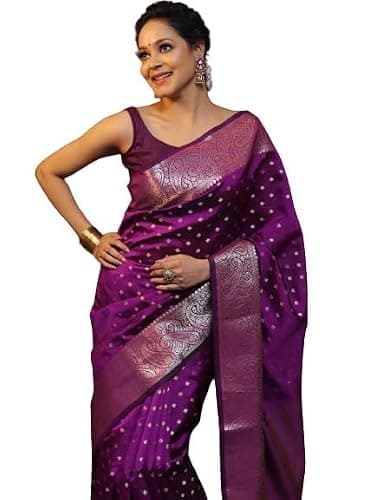Pure Banarasi Silk Saree for Women – Kanjivaram Style Indian Wedding Bridal Party Saree with Blouse Piece, Wine, One Size