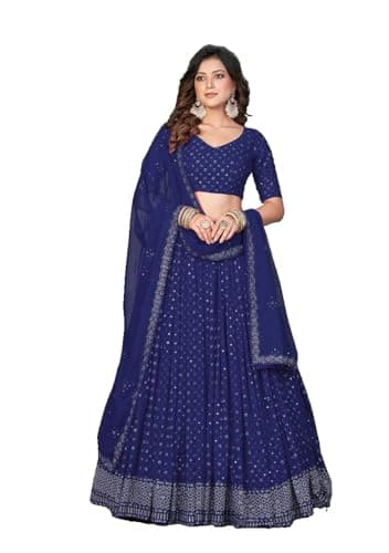 Indya Women's Navy Blue Georgette Embroidered Lehenga Set with Dupatta, Half Sleeve, V-Neck