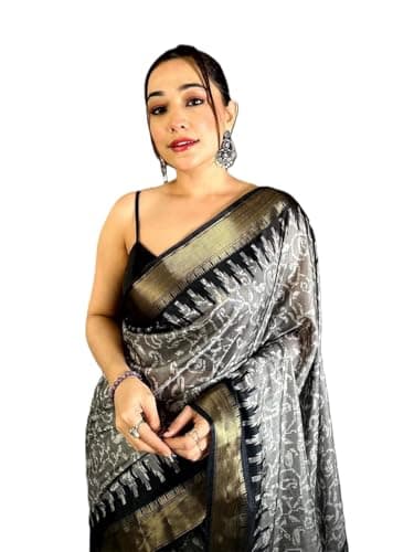 Women's Black Pearl Dola Silk Saree With Unstitched Blouse Piece Partywear/Wedding Indian Gift Item Pack Of 1 (Black)