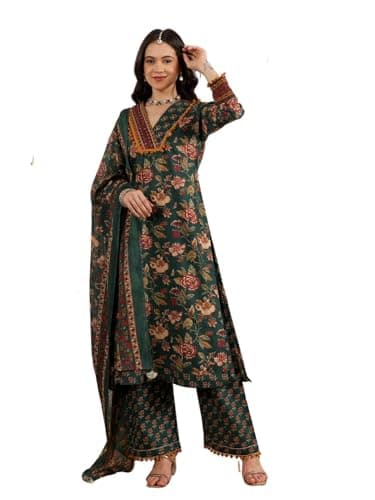LATIVE COLOURS OF FASHION Floral Print Kurta Set with Palazzo Pants and Dupatta, Traditional Indian Ethnic Wear, Green (US, Alpha, Large, Regular, Regular, Green)