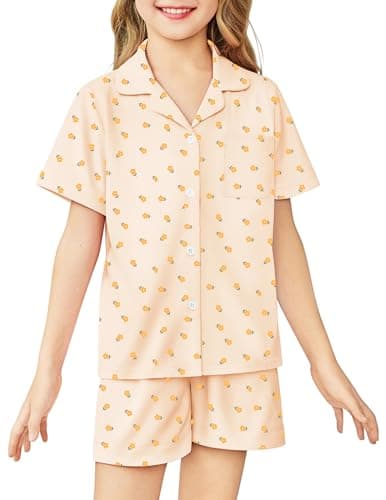 Arshiner Girls Pajamas Sets Short Sleeve Kids Pjs Button Down Sleepwear Yellow Flowers 7-8 Years