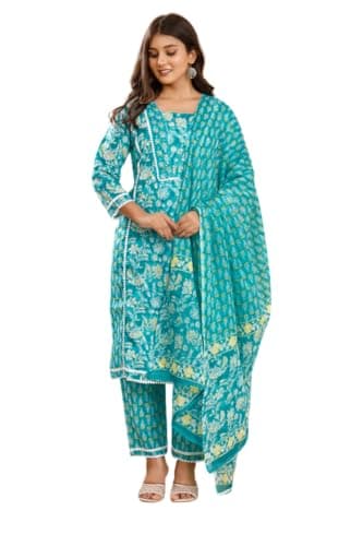 Women’s Printed Tunic Pant Dupatta Set | Straight Tunic with Matching Pants & Dupatta | 3/4 Sleeve Ethnic Outfit (US, Alpha, Medium, Regular, Regular, Rama Green)