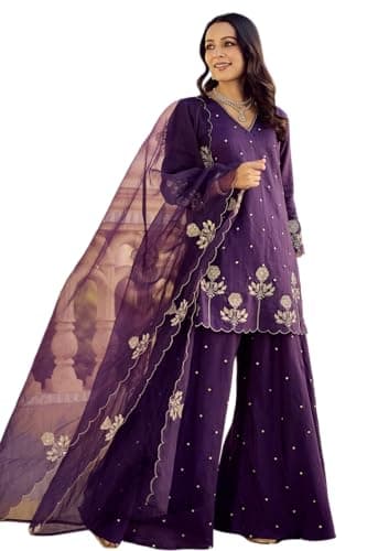 The Red Lion Enterprise Women Ethnic Wear Kurta Palazzo Set Designer Party Wear Traditional Indian Outfit Set (US, Alpha, Small, Regular, Regular, PURPLE)
