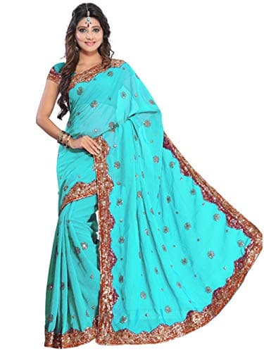 Indian Trendy Women's Bollywood Sequin Embroidered Sari Festival Saree Unstitched Blouse Piece Costume Boho Party Wear (Turquoise Blue)