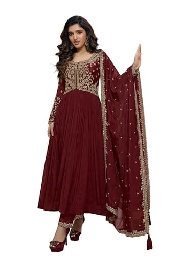 TRENDMALLS Women's Silk Blend Embroidery Anarkali Kurta Pant Set with Dupatta (G335-Maroon-S)