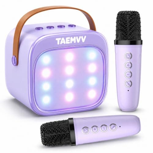 TAEMVV Karaoke Machine for Kids, Mini Karaoke Speaker with 2 Wireless Microphones, Bluetooth, Magic Voice Changer, LED Lights, Birthday Gift for Girls and Boys Ages 4-12, Purple