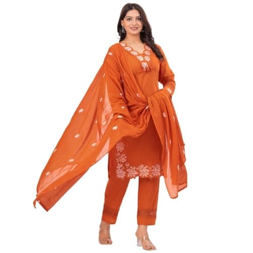 TAGAAI Women’s Cotton Embroidered Kurta Pant Dupatta Set | 3-Piece Indian Ethnic Suit for Women | Traditional Kurti Set for Wedding Guest, Festive, Party & Evening Wear - 2XL