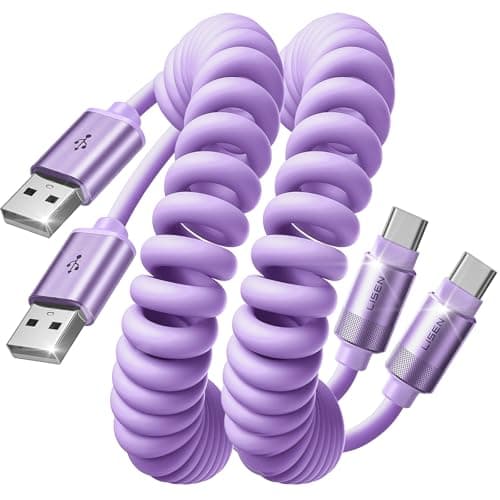 LISEN Coiled USB C Cable, 2 Pack for Android Auto & CarPlay Cable, Short USB A to USB C Cable Compatible with iPhone 17/16/15, Samsung Galaxy S25/S24/S23 A15/A14, Google Pixel 9/8, Purple 4FT