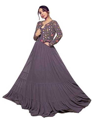 TRENDMALLS Women's Georgette Embroidery Work Anarkali Flared Kurti With Jacket For Women (R102-Purple-3XL)