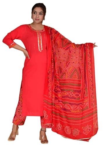TRAFAART Indian Kurta Pant Set for Women Pure Cotton Plain Suit With Dupatta (Red-3X-Large)