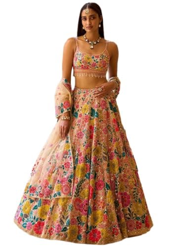 Indya Women's Multicolor Georgette Sequin Embroidered Lehenga Set with Strappy Sleeves and U-Neck