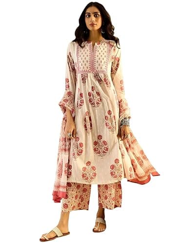 Women’s Pure Cotton Kurta Palazzo Set with Dupatta, 3 Piece Printed A-Line Kurta, 3/4 Sleeve Ethnic Outfit (US, Alpha, X-Large, Regular, Regular, White 1)