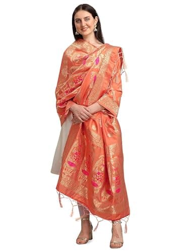 Fashtastic Women's Woven Banarasi Silk Zari Dupatta/Chunni, Width 1 Meter, Length 2.5 Meter (Reddish Orange)
