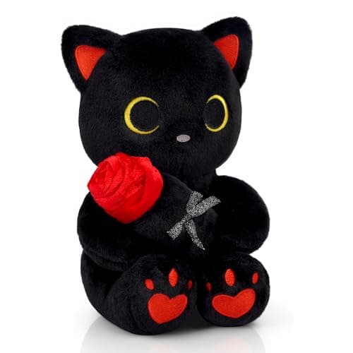 Hagusahuo Black Cat Plush with Rose- 8" Kawaii Stuffed Cat Gifts for Women Cute Stuffed Animal for Kids & Adults, Mother Day Mom Birthday Wedding