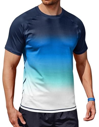 ERECT PEAK Mens Rashguard Vacation Gym Surf Active T-Shirt Stretchy Moisture Wicking Dri Fit UPF50 SPF Performance Wrinkle Free Short Sleeve Slim Fit Crewneck Rashguard Navy Light Blue White M