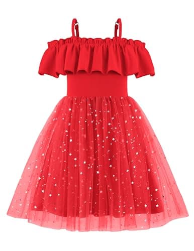 Arshiner Toddler Girl Tulle Dress Sparkly Dresses for Girls Off Shoulder Flutter Formal Birthday Party Princess Red Toddler Girl DressGirls Party Dresses Size 8