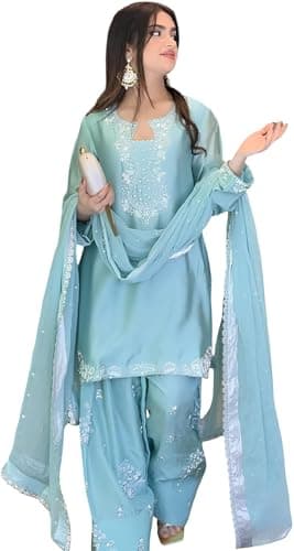 Roman Glass Silk Kurta Plazo Set Embroidered Farshi Palazzo, and Soft Organza Dupatta Party Wear Set Sequence & Moti Work (US, Alpha, Small, Regular, Regular)
