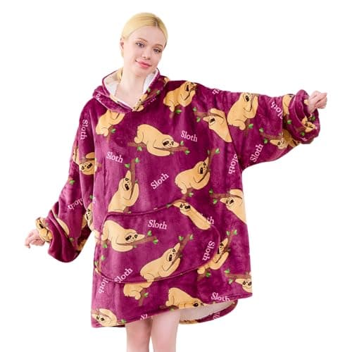 Wearable Blanket Hoodie, Oversized Hooded Blanket for Adult Women Men with Pocket and Sleeves Animal Purple Sloth