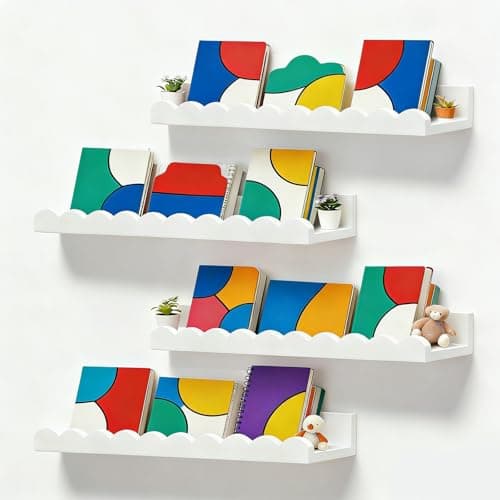 XNGZY Nursery Book Shelves, Set of 4 Floating Book Shelves, Scalloped Wall Bookshelf for Bedroom, White Decor for Nursery, Baby, Toddler Room