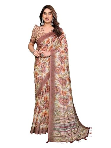 Women's Linen Cotton Silk Saree With Unstitched Blouse Piece (Coffee)