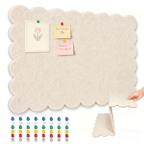 36 x 24 Inch Scalloped Felt Bulletin Board, Foldable Trifold Pin Board, Self-Adhesive Cork Board Alternative for Wall, Decorative Vision Board & Photo Display (Beige)