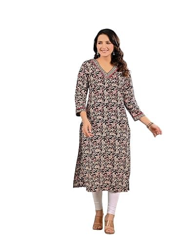 Meyali Womens Cotton Kurti – Printed Straight Fit Casual Wear | Daily Wear Indian Style Kurtis for Office, College & Outings Black