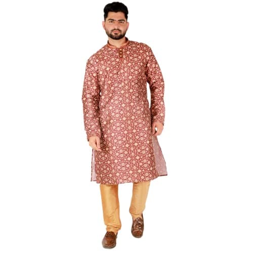 Pro-Ethic Style Developer Men Kurta Set Indian Wedding Dress Silk Floral Maroon, 36 (A-110)